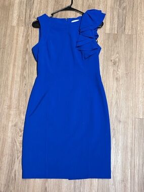 Calvin Klein Cobalt Blue Ruffle Sheath Midi Dress